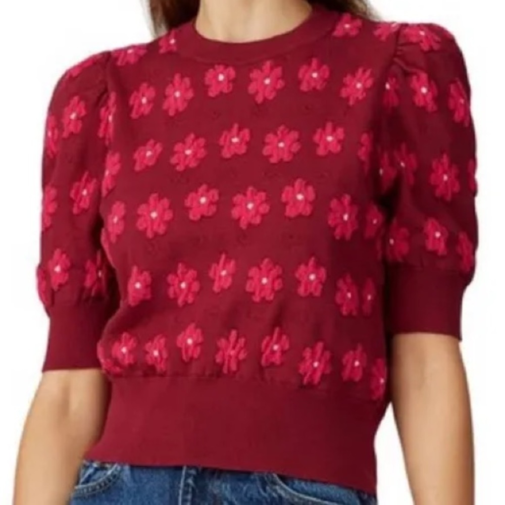 NWOT kate spade Burgundy Sweater with Hot Pink Floral Appliqués - Picture 2 of 13